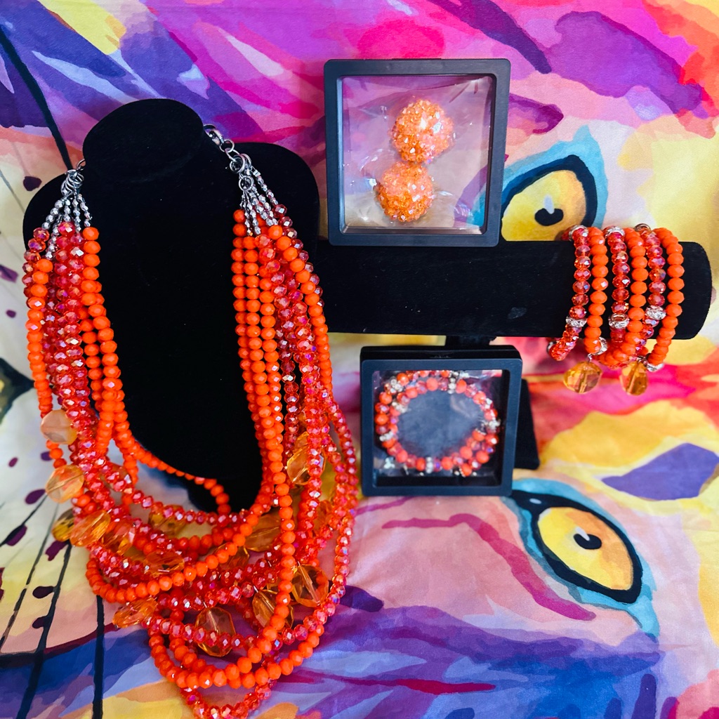 Sassy Jones Orange Malia Set: Necklace, Earrings (2) Pair And Bangles